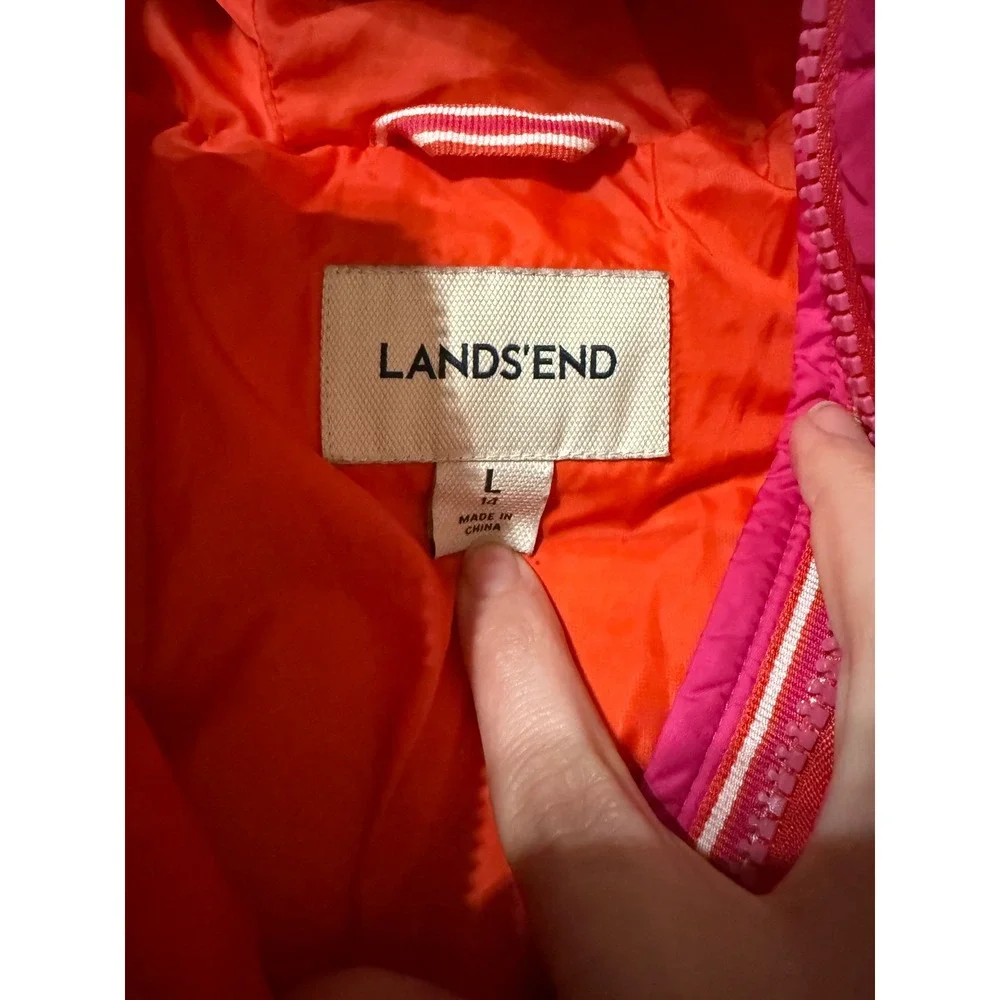 Lands' End‎ Size Large 14 Pink Hooded Puffer Coat Girl Kid Full Zip Winter Warm